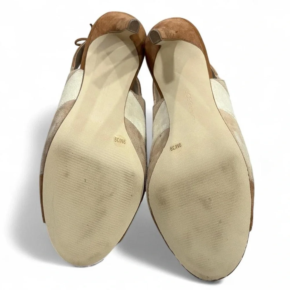 $120 BCBGeneration Meirin Brown/Tan Colorblock Open Toe Tie Heels Suede Leather